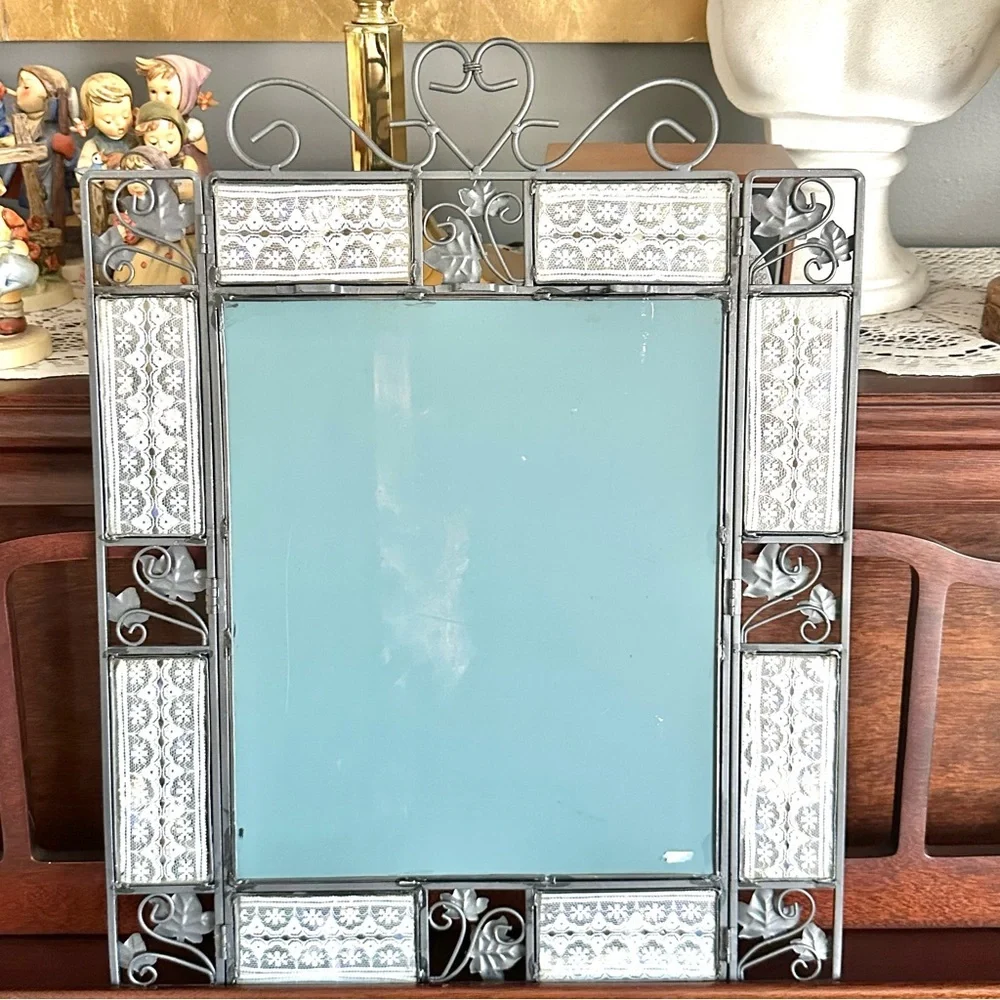 Vintage Silver and Blue Floral Wall Mirror